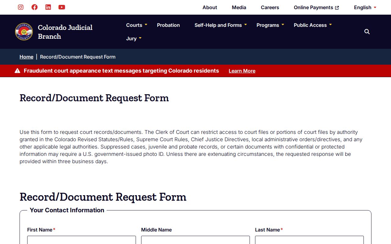 Colorado Judicial Branch court document request form for Kiowa County cases