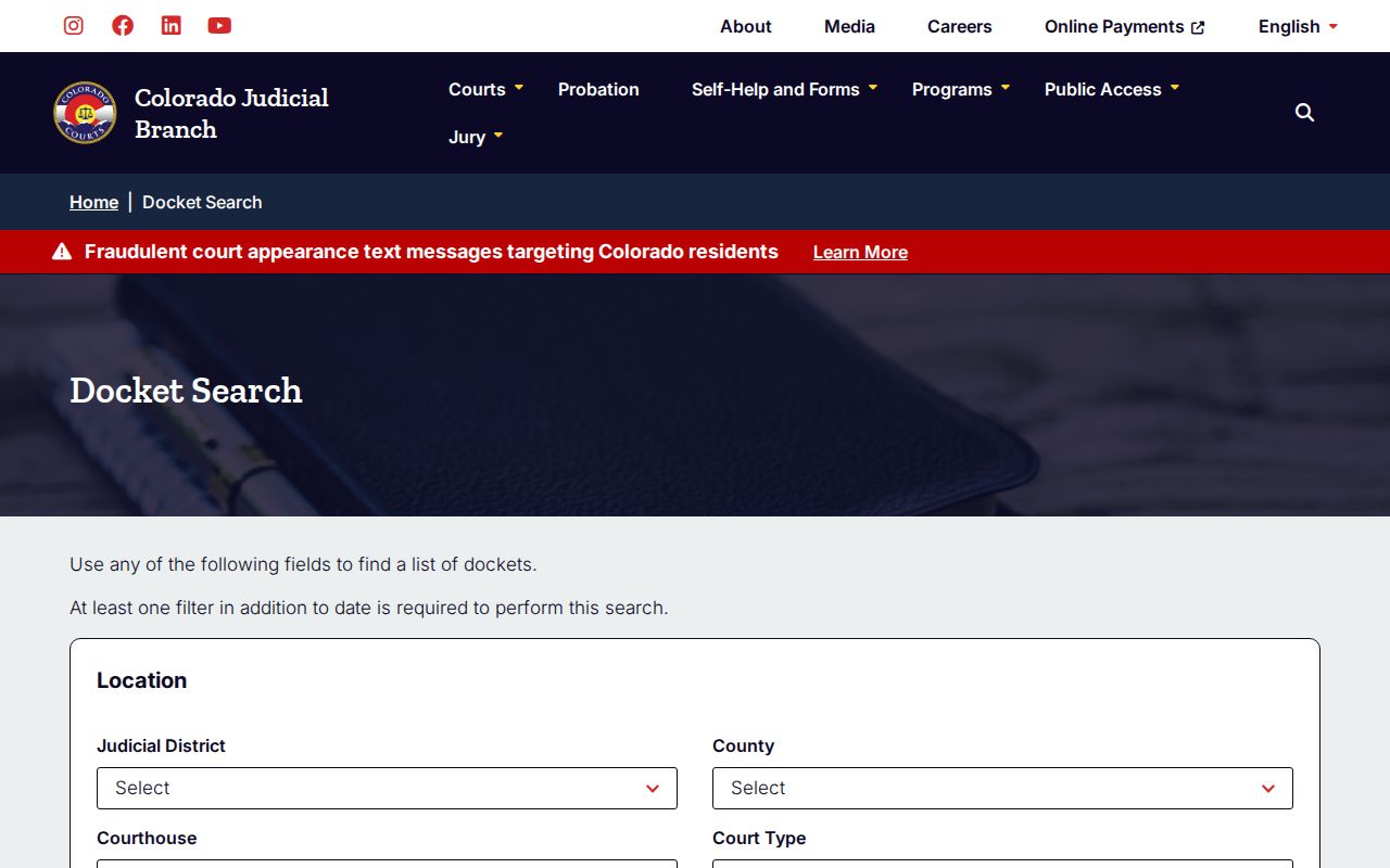Colorado Judicial Branch docket filters for Kiowa County cases