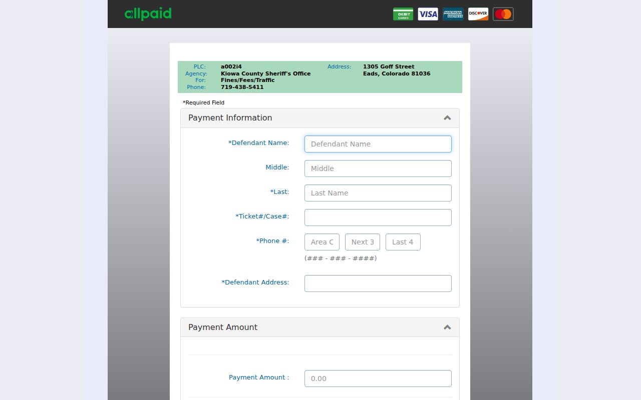 County-linked citation payment fields for Kiowa County matters