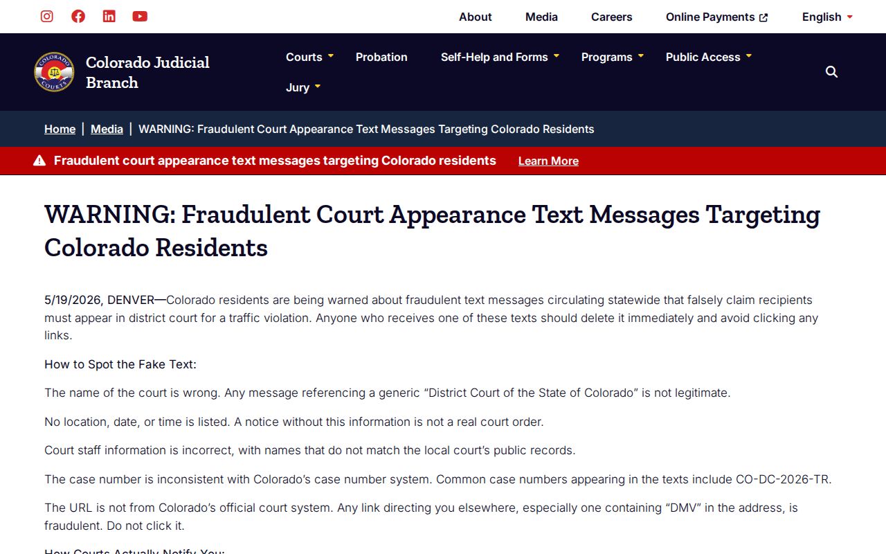 Colorado warning about fraudulent court appearance messages