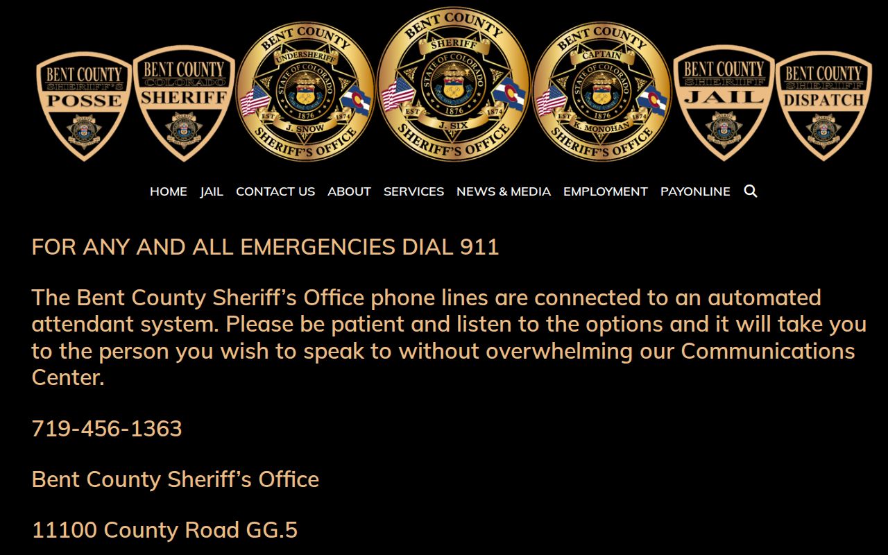 Official Bent County Sheriff contact page showing regional jail and dispatch hours