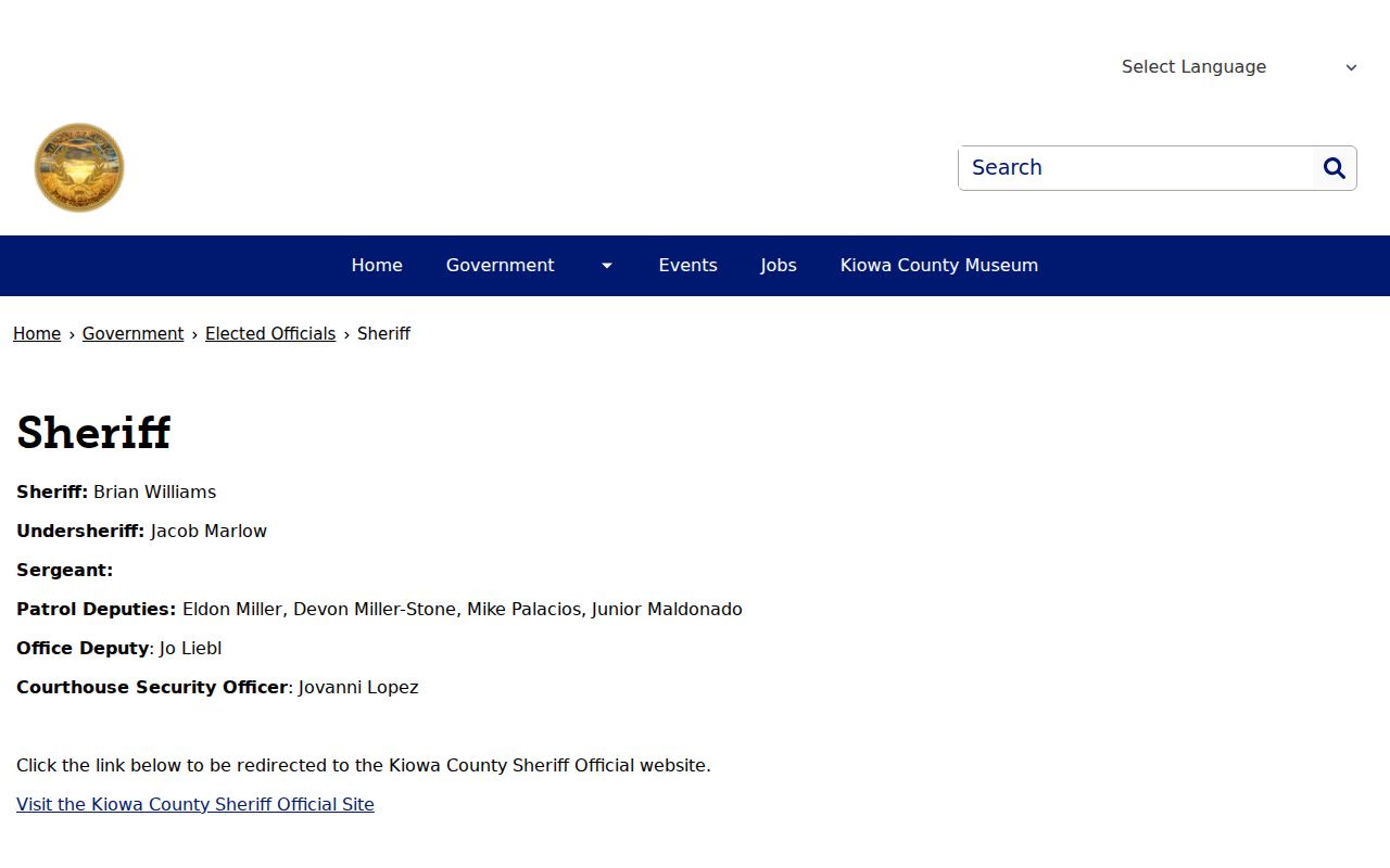 Kiowa County arrest warrant sheriff contact page